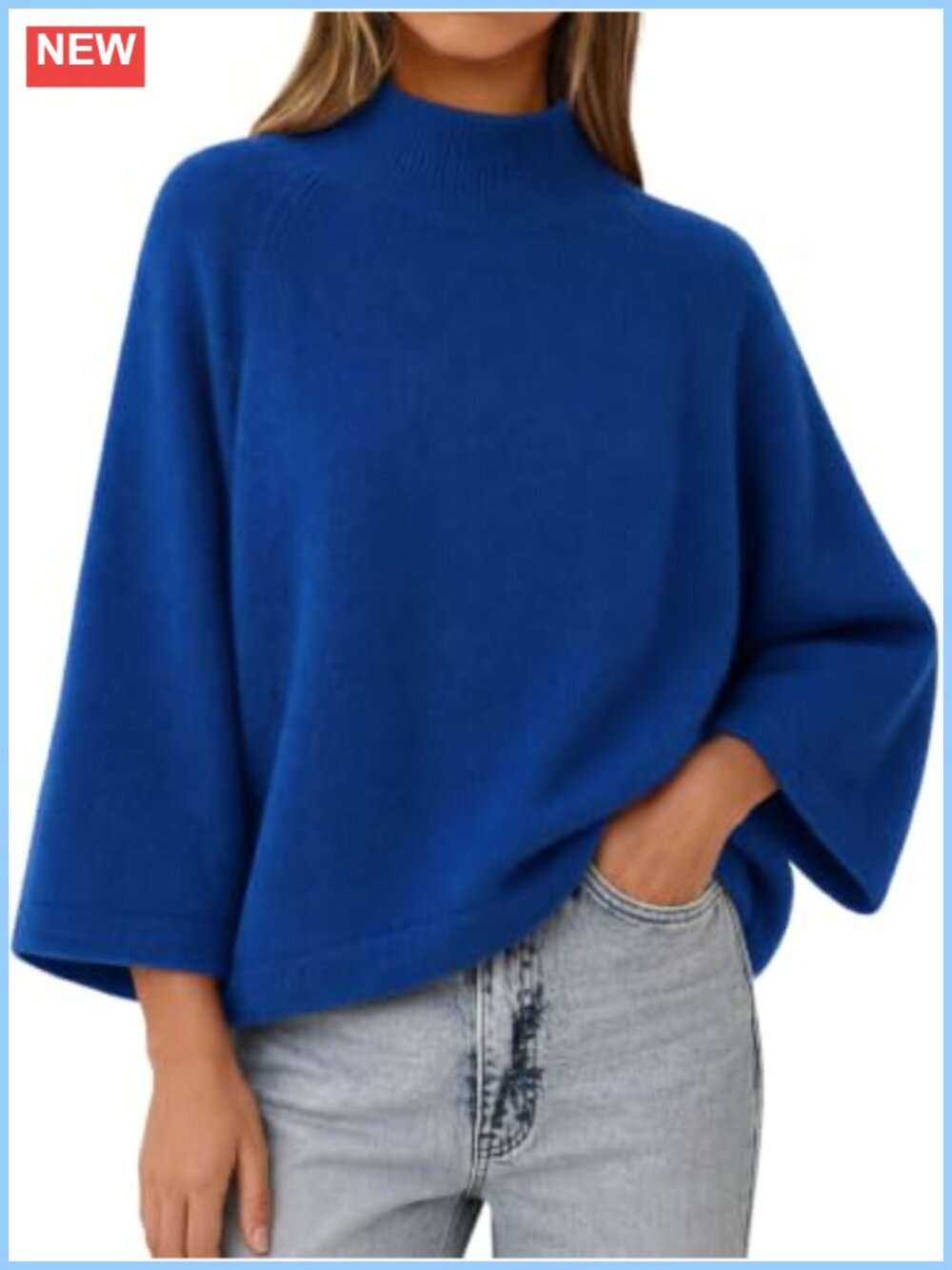 Oversized 3/4 Bell Sleeve Sweater Mock Neck Knit Pullover